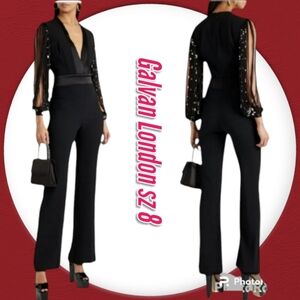 Galvan London Womens Infinity Embellished Mixed Media Black Jumpsuit
